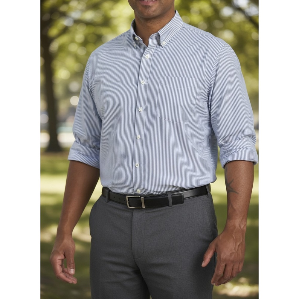 NEW LL Bean Mens Blue White Pinstripe Wrinkle Resistant Oxford Shirt 17.5-34